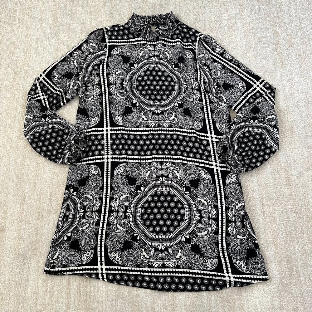 Jealous Tomato Long Sleeve Black White Paisley Print Mini Dress M